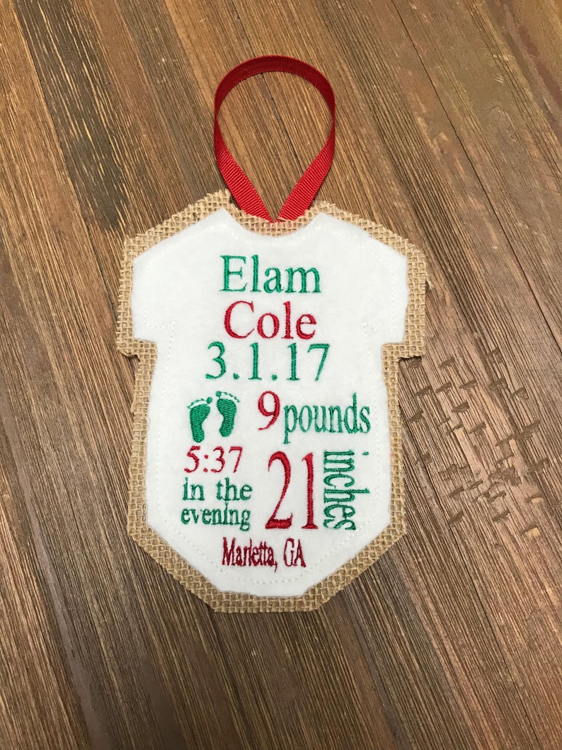 Custom Personalized Birth Announcement Keepsake Baby Ornament Red Green