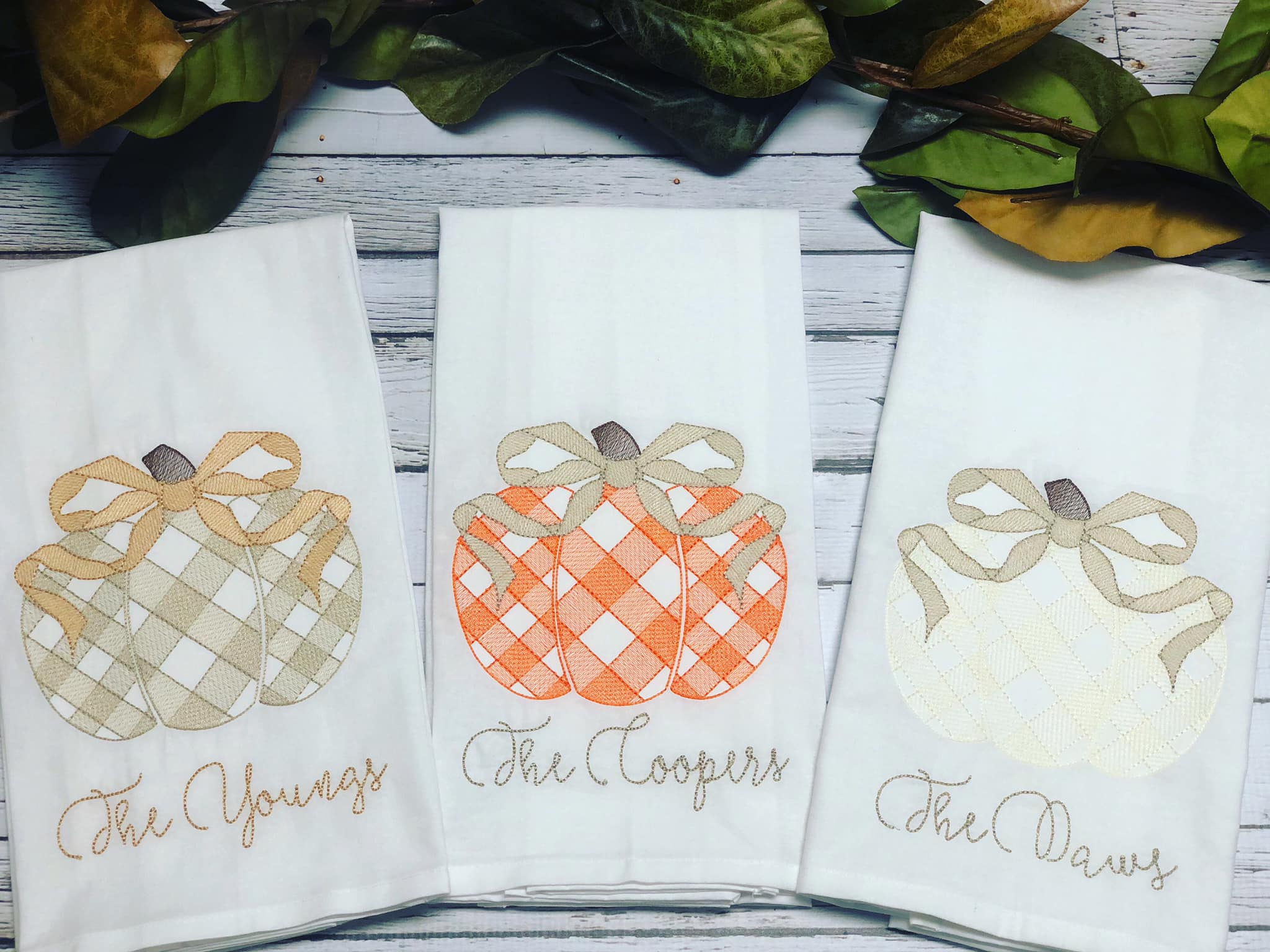 Beige Gingham Pumpkin Fall Personalized Embroidered Kitchen Towel