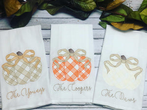Beige Gingham Pumpkin Fall Personalized Embroidered Kitchen Towel