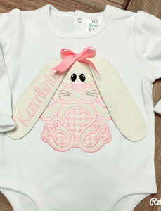 Floppy Eared Monogrammed Bunny Baby Girl Bodysuit~Pink Houndstooth