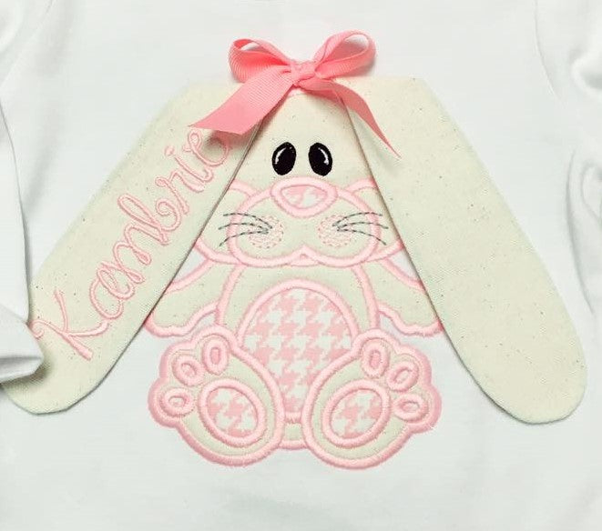 Floppy Eared Monogrammed Bunny Girl Shirt~Pink Houndstooth