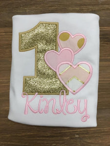 Gold Pink First Birthday Heart Appliqued Birthday Girl Ruffle Shirt