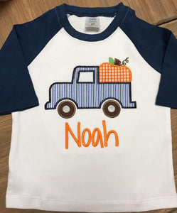 Navy Seersucker Pumpkin Truck Personalized Applique Boy Raglan Shirt