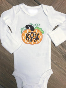 Monogrammed Pumpkin Polka dot Applique Baby Girl Bodysuit
