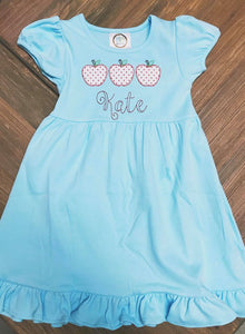 Apple Trio Appliqued Aqua Ruffle Girl Dress