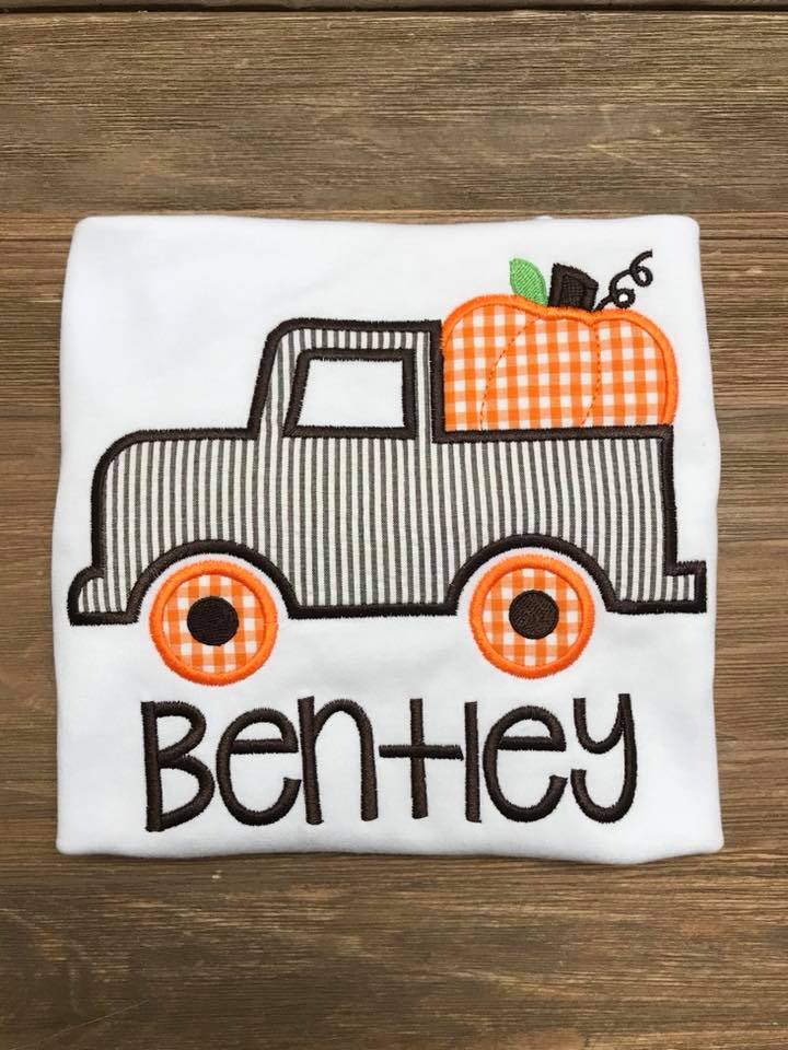 Brown Seersucker Pumpkin Truck Personalized Applique Boy Shirt