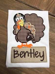 Brown Gingham Turkey Football Player Personalized Applique Boy Shirt