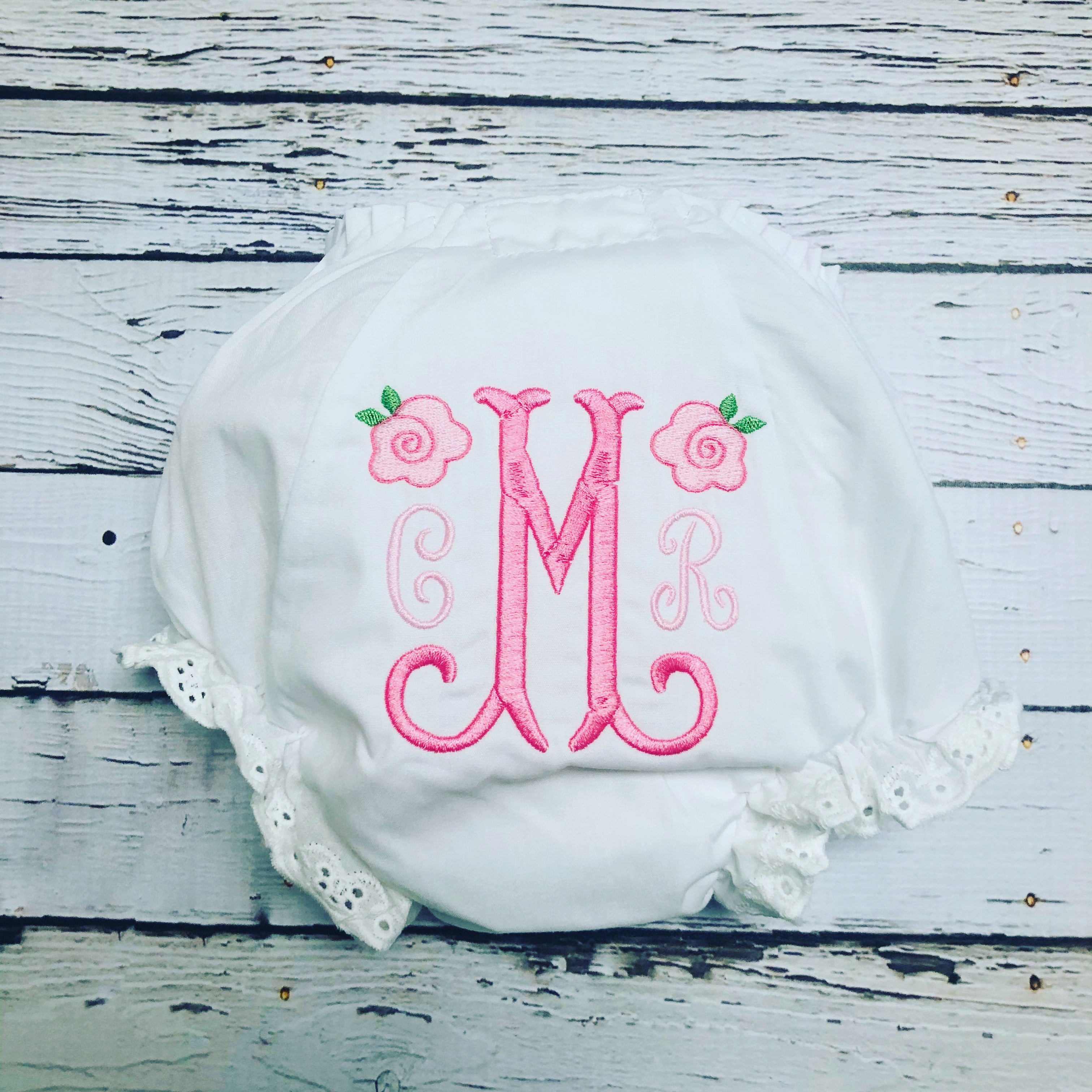 Baby Girl Pink Floral Rose Monogrammed Bloomers