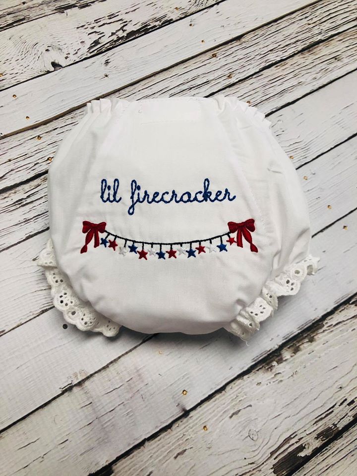 Patriotic Banner Lil Firecracker Embroidered Baby Girl Bloomers