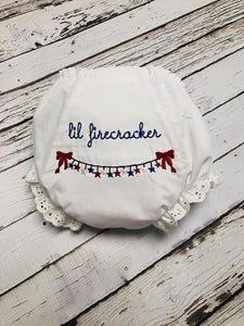 Patriotic Banner Lil Firecracker Embroidered Baby Girl Bloomers