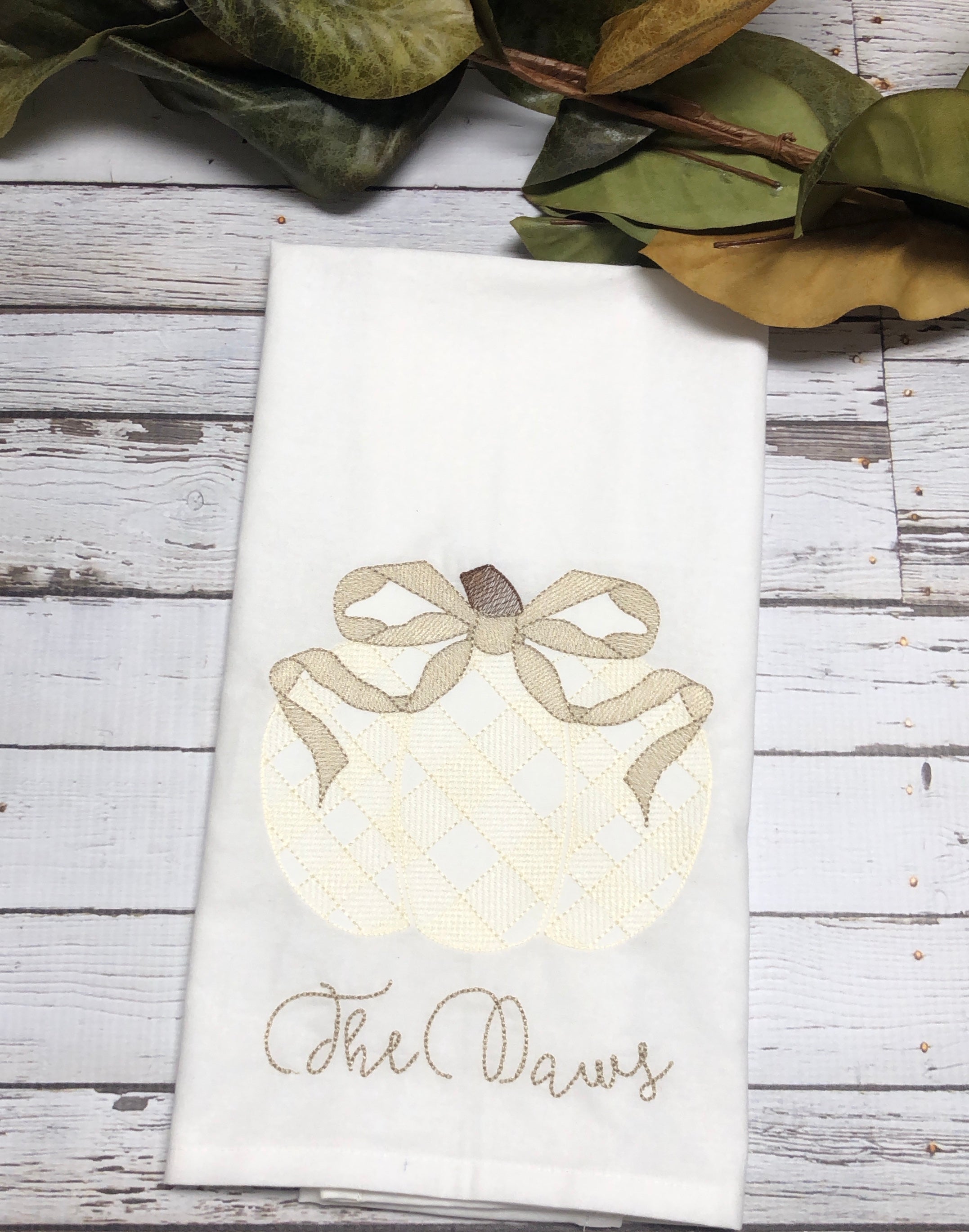 Cream Gingham Pumpkin Fall Personalized Embroidered Kitchen Towel