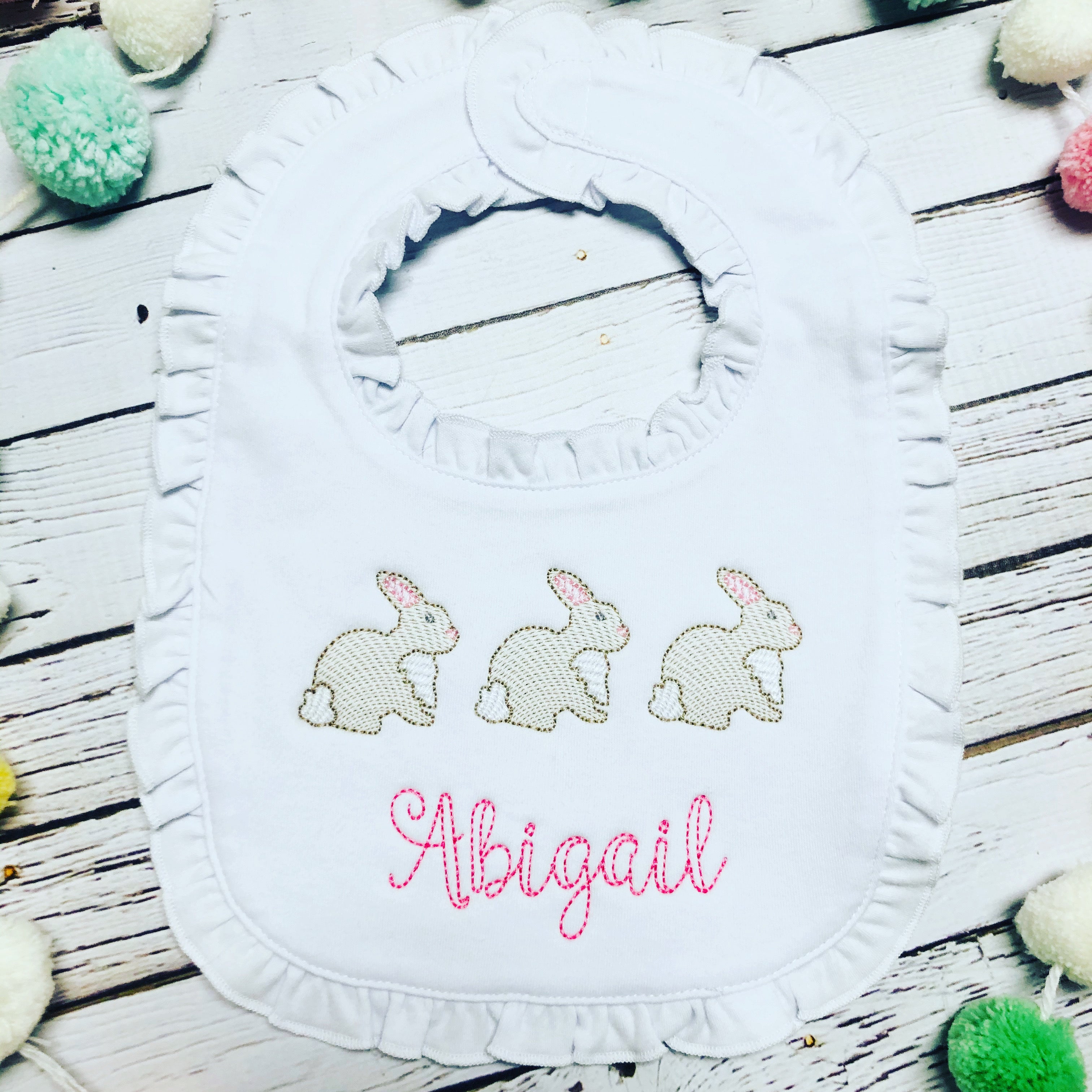 Easter Bunny Trio Embroidered Monogrammed Baby Girl Ruffle Bib