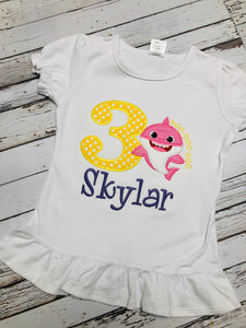 Yellow Polka dot Baby Shark Themed Appliqued Birthday Girl Ruffle Shirt