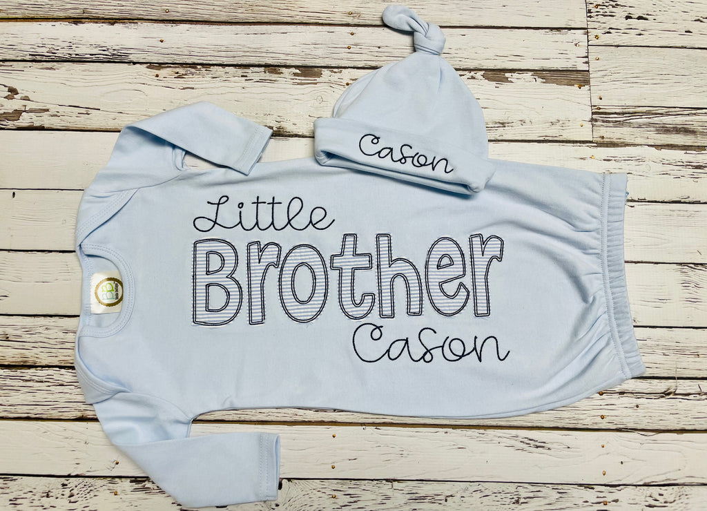 Little Brother Personalized Light Blue Gown and Hat Baby Boy Gift set