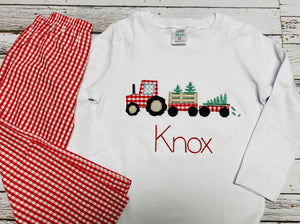 Christmas Tree Farm Tractor Personalized Appliqued Boy Shirt