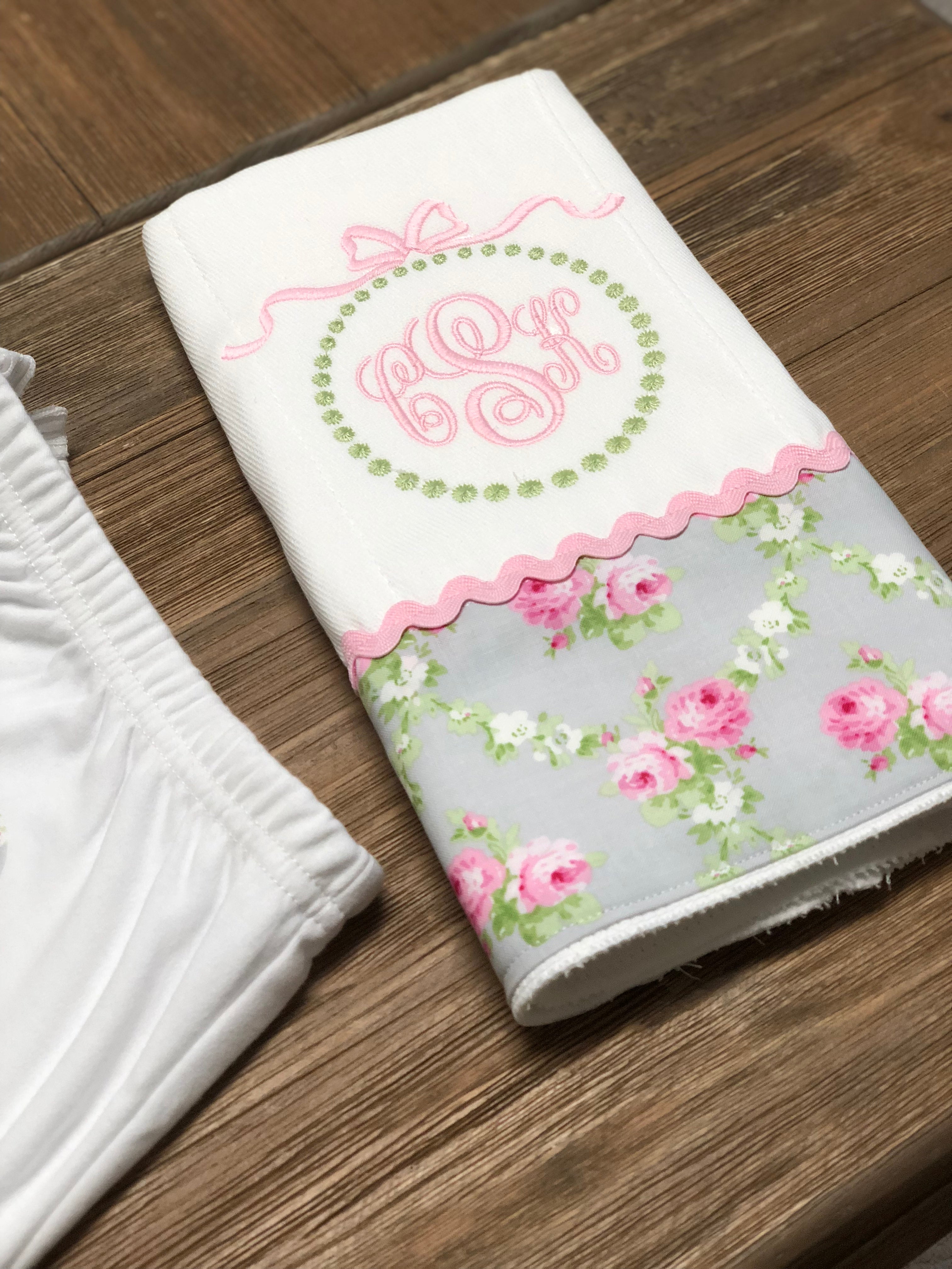 Appliqued Monogrammed Baby Girl Ruffle Gown and Burp Cloth Set