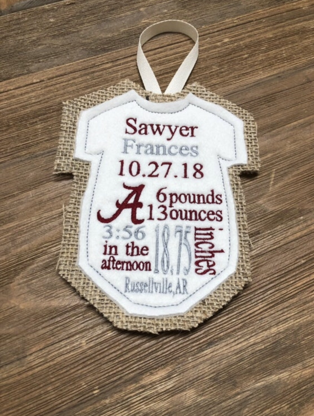 Custom Personalized Birth Announcement Keepsake Baby Ornament Alabama Themed