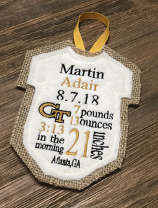 Custom Personalized Birth Announcement Keepsake Baby Ornament Georgia Tech Themed