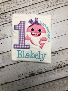 Lavender Gingham Baby Shark Themed Appliqued Birthday Girl Ruffle Shirt