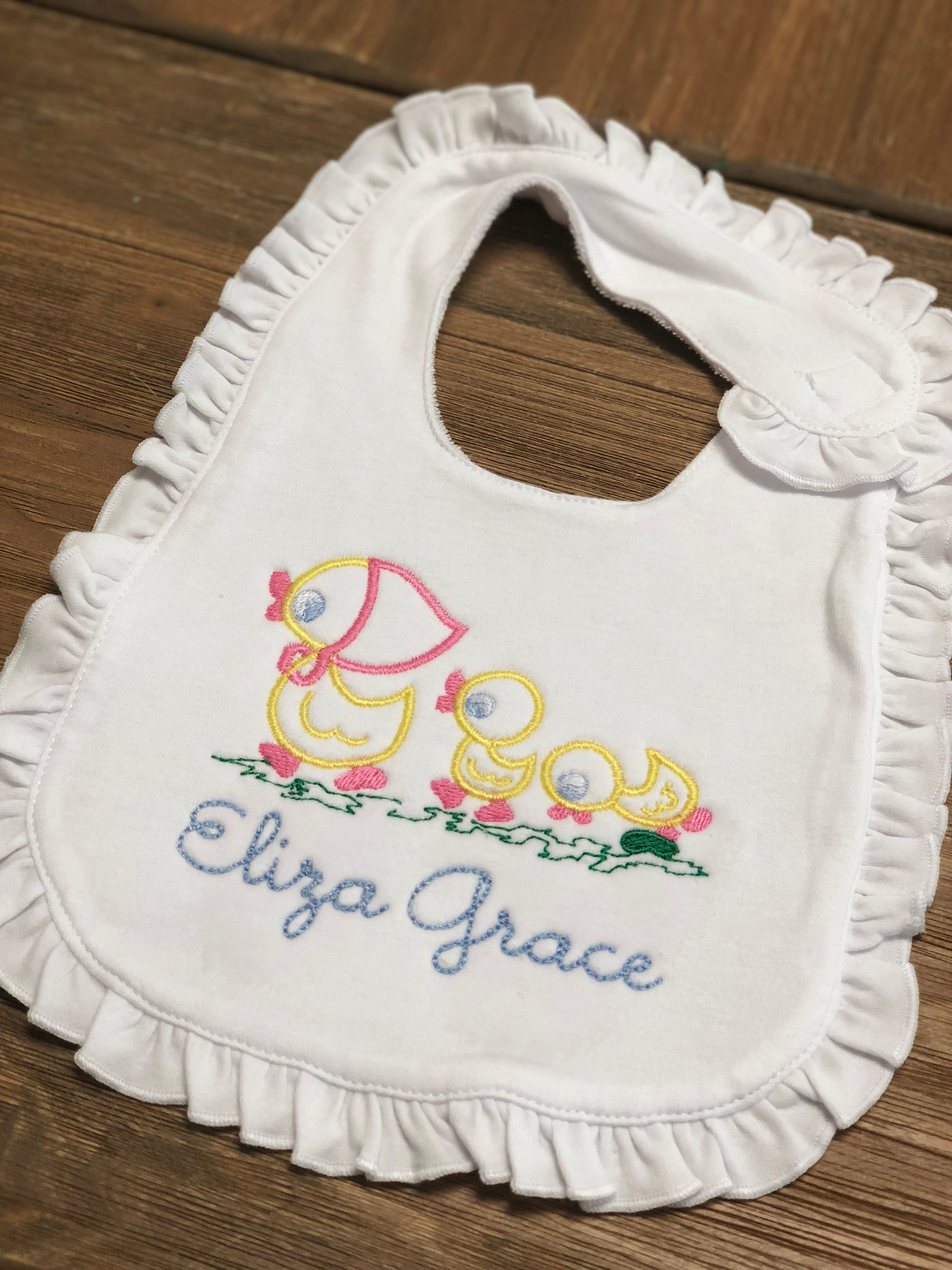 Little Darling Duck Trio Embroidered Monogrammed Baby Girl Ruffle Bib