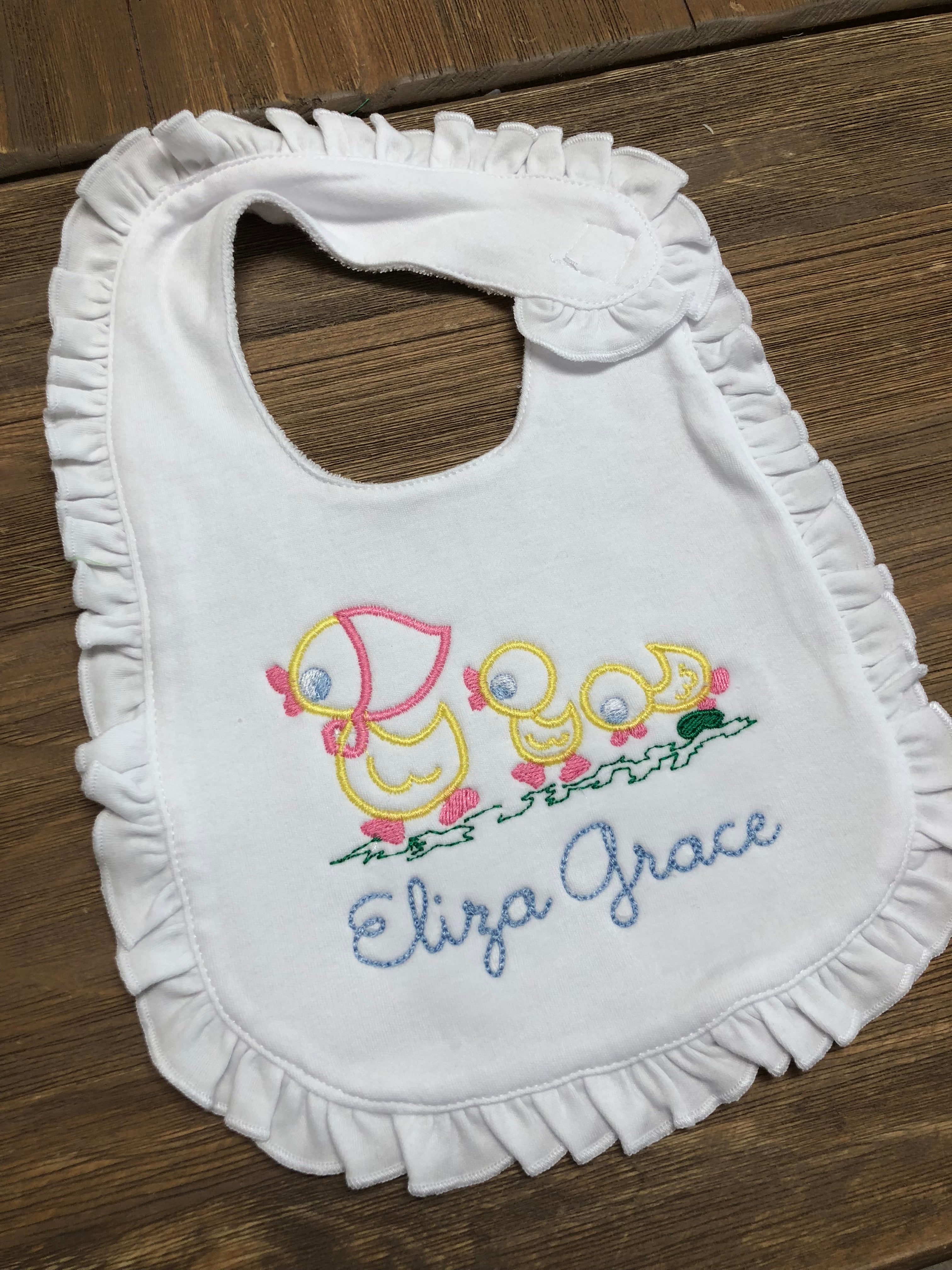 Little Darling Duck Trio Embroidered Monogrammed Baby Girl Ruffle Bib