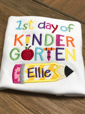 First day of Kindergarten Back to School Embroidered Girl Shirt