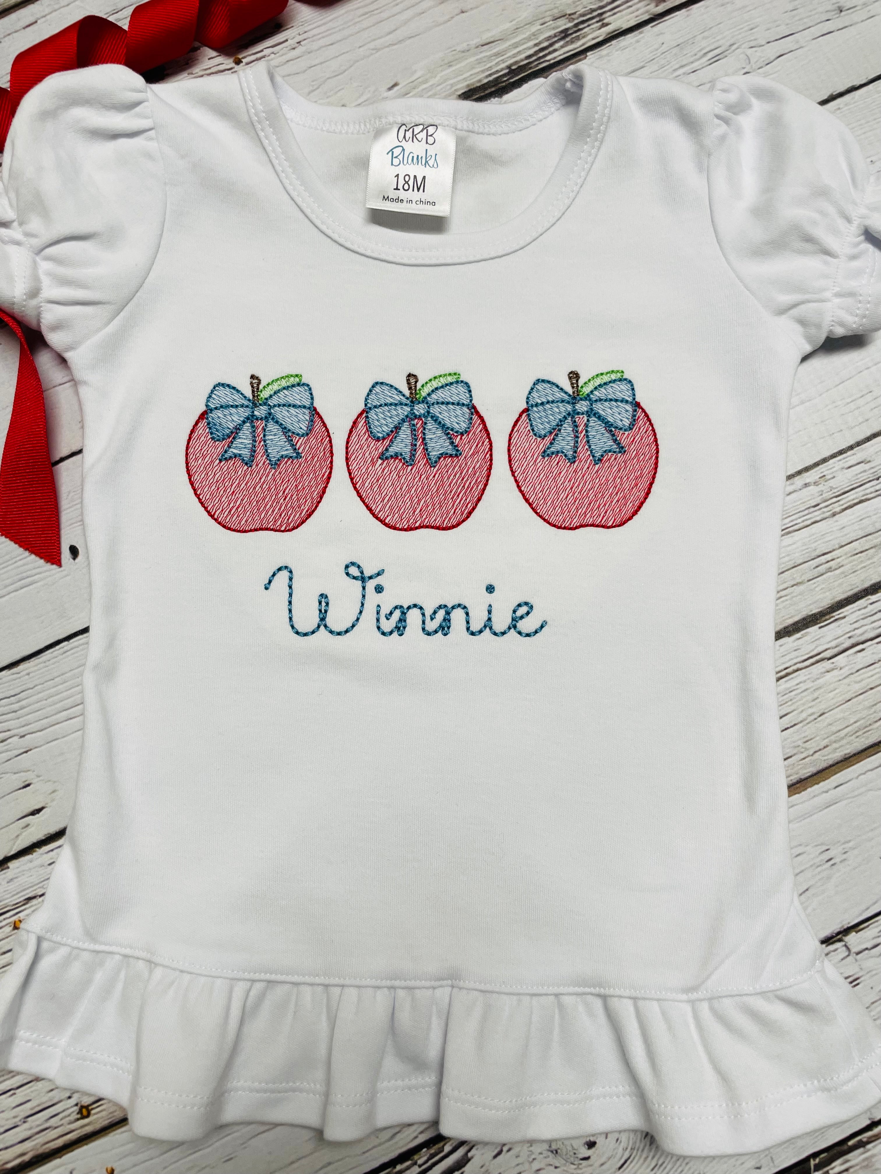 Apple Bow Trio Sketch Embroidered Girl Ruffle Shirt