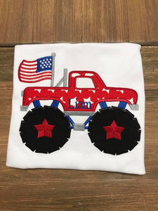 Patriotic Red Monster Flag Truck Appliqued Boy Shirt