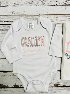 Baby Girl Appliqued Name Bodysuit and Burp Cloth Set