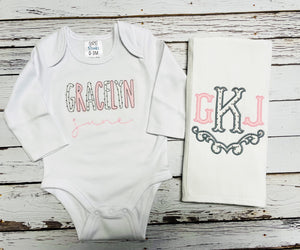 Baby Girl Appliqued Name Bodysuit and Burp Cloth Set