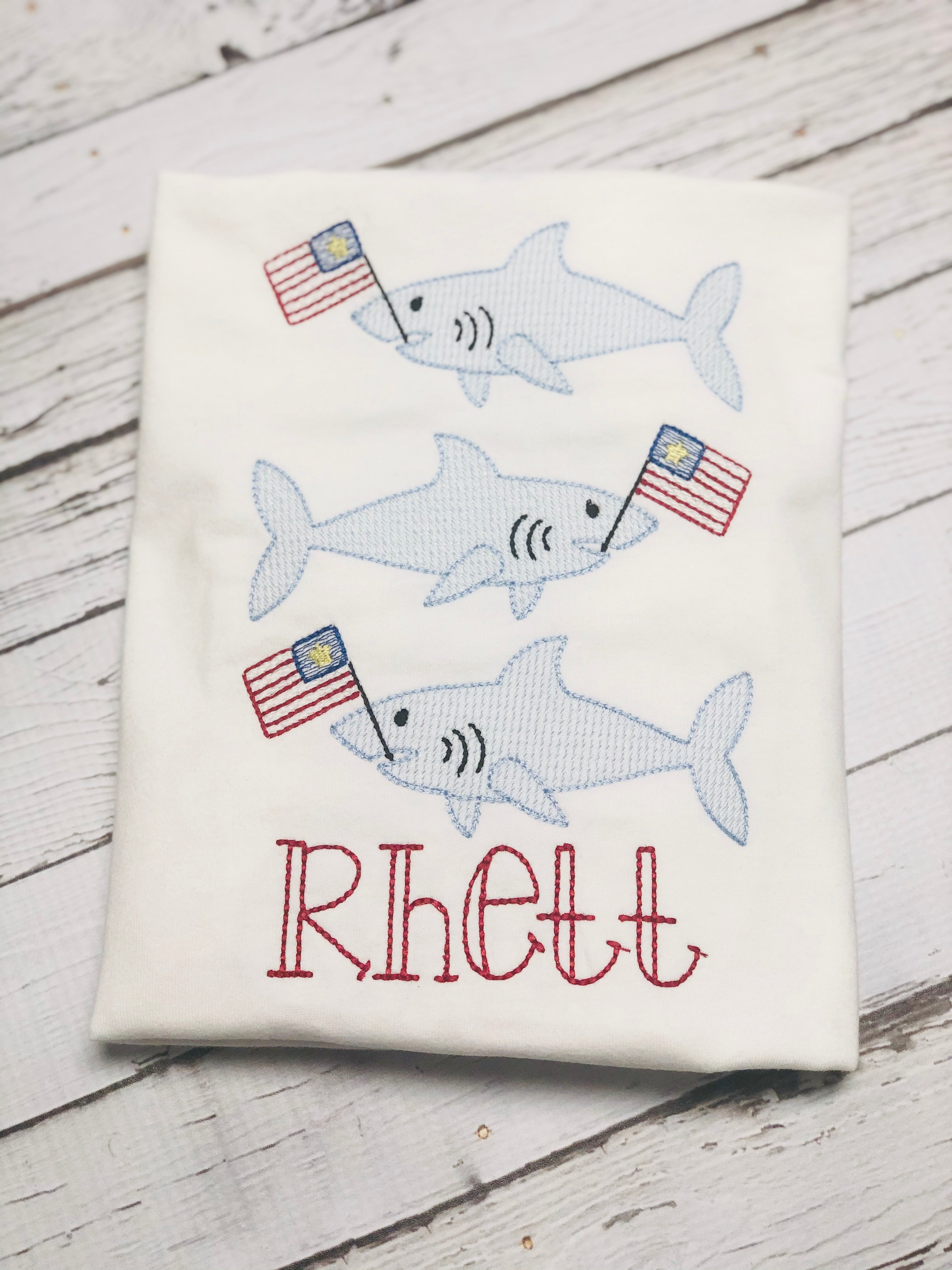 Patriotic Shark Flag Trio Embroidered Personalized Boy Shirt