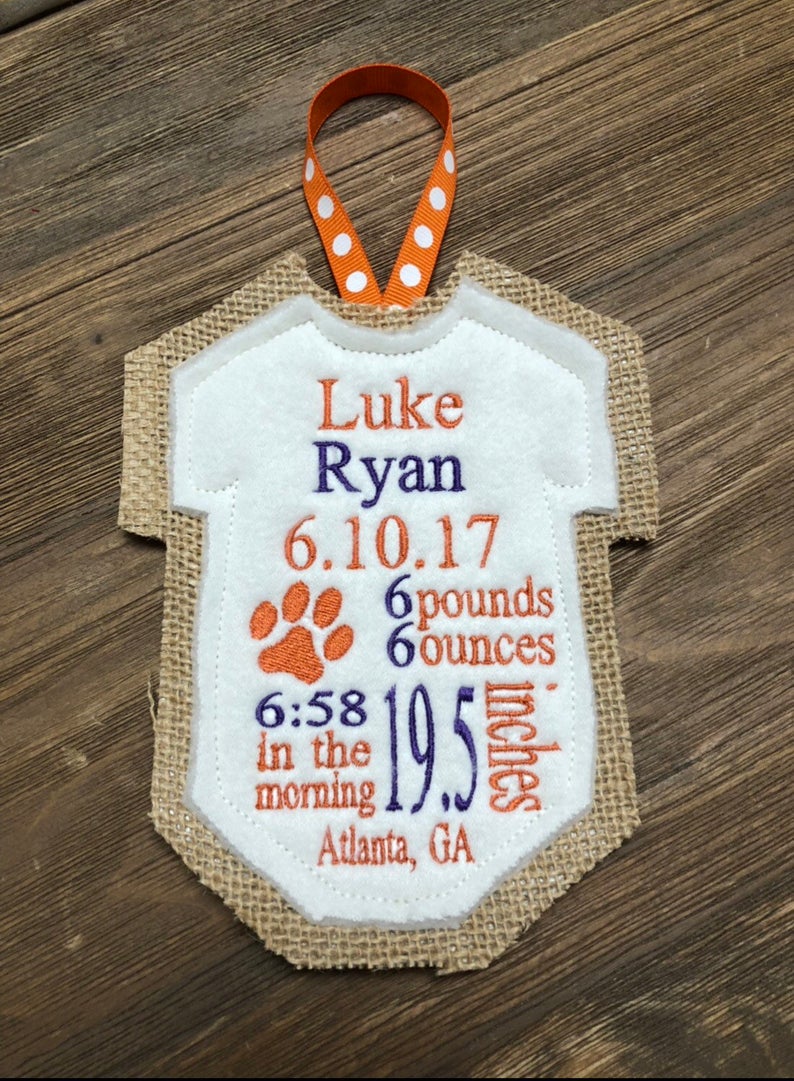 Custom Personalized Birth Announcement Keepsake Baby Ornament Clemson Themed