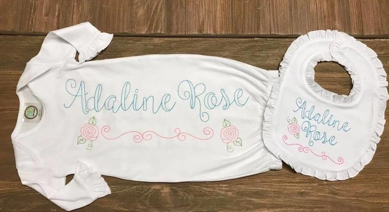 Vintage Rose Monogrammed Baby Girl Ruffle Gown and Bib Set