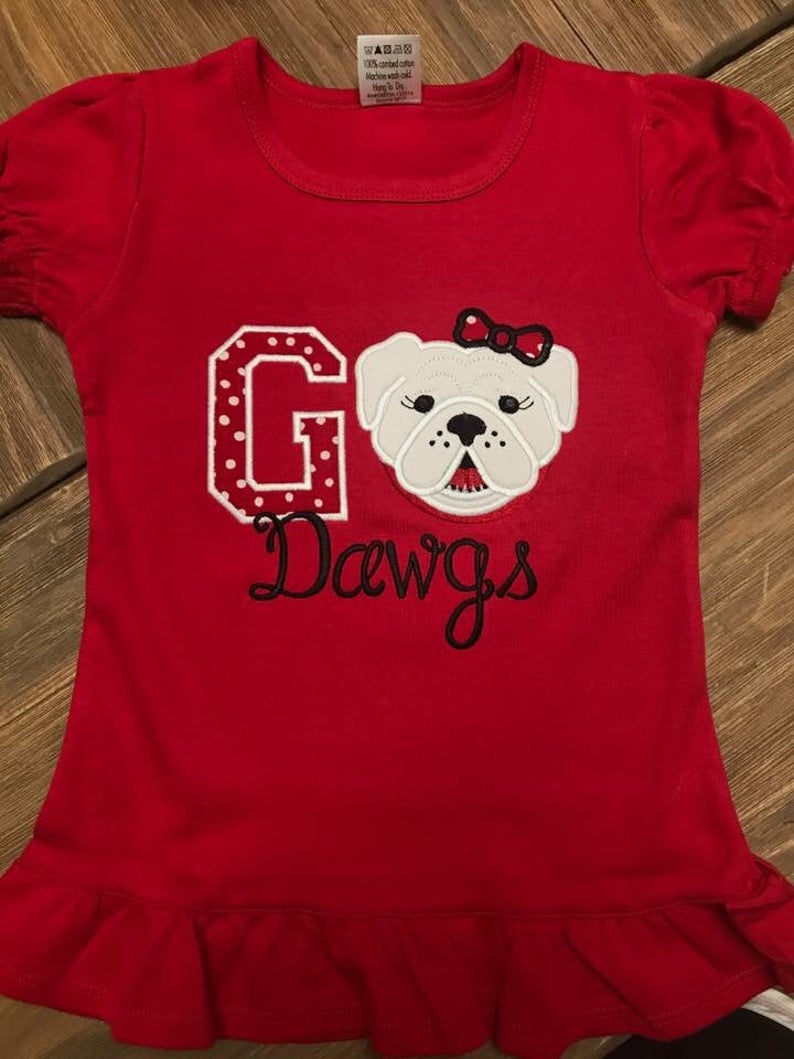 Red Go Dawgs  Appliqued Monogrammed Girl Ruffle Shirt