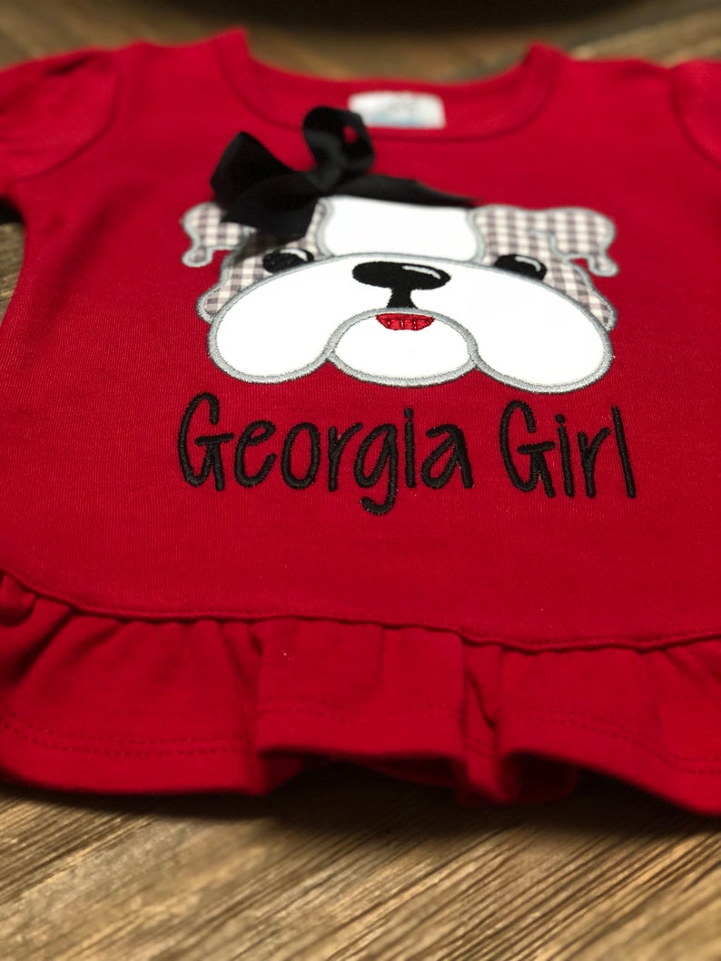 Red Georgia Girl Appliqued Monogrammed Girl Ruffle Shirt