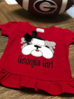 Red Georgia Girl Appliqued Monogrammed Girl Ruffle Shirt
