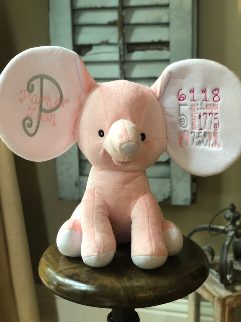 Pink Grey Birth Announcement Elephant Newborn Gift