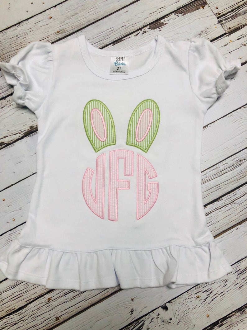 Seersucker Easter Bunny Ears Monogrammed Appliqued Girl Shirt