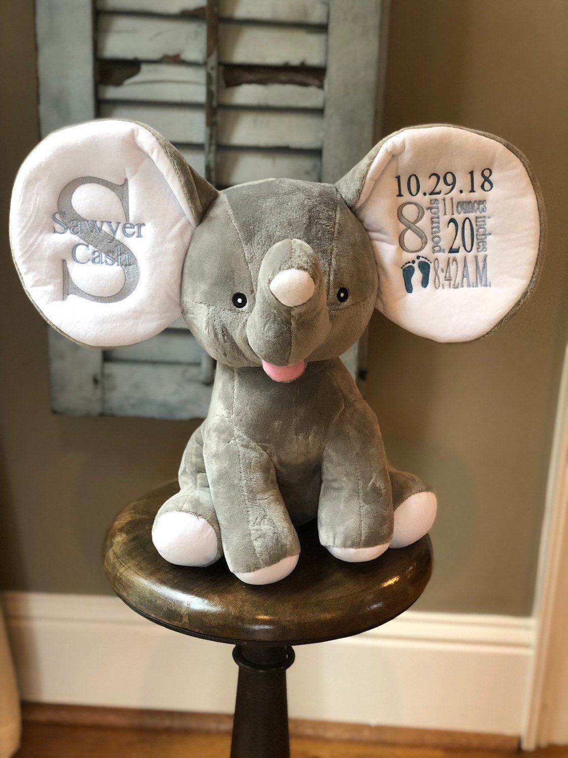 Grey Birth Announcement Elephant Newborn Gift