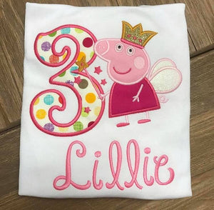 Girl Pig Appliqued Birthday Girl Ruffle Shirt