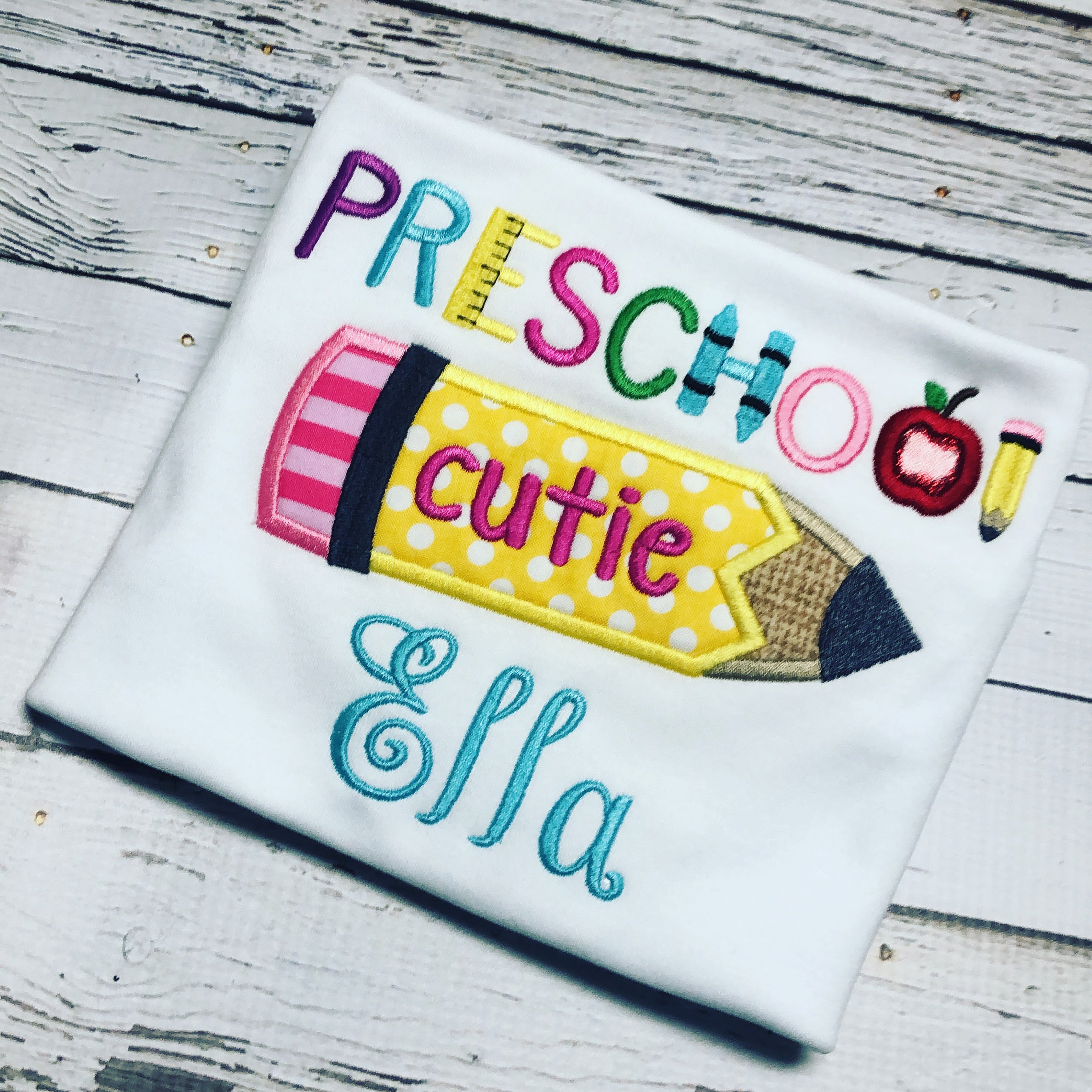 Preschool Cutie Appliqued Personalized Girl Ruffle Shirt