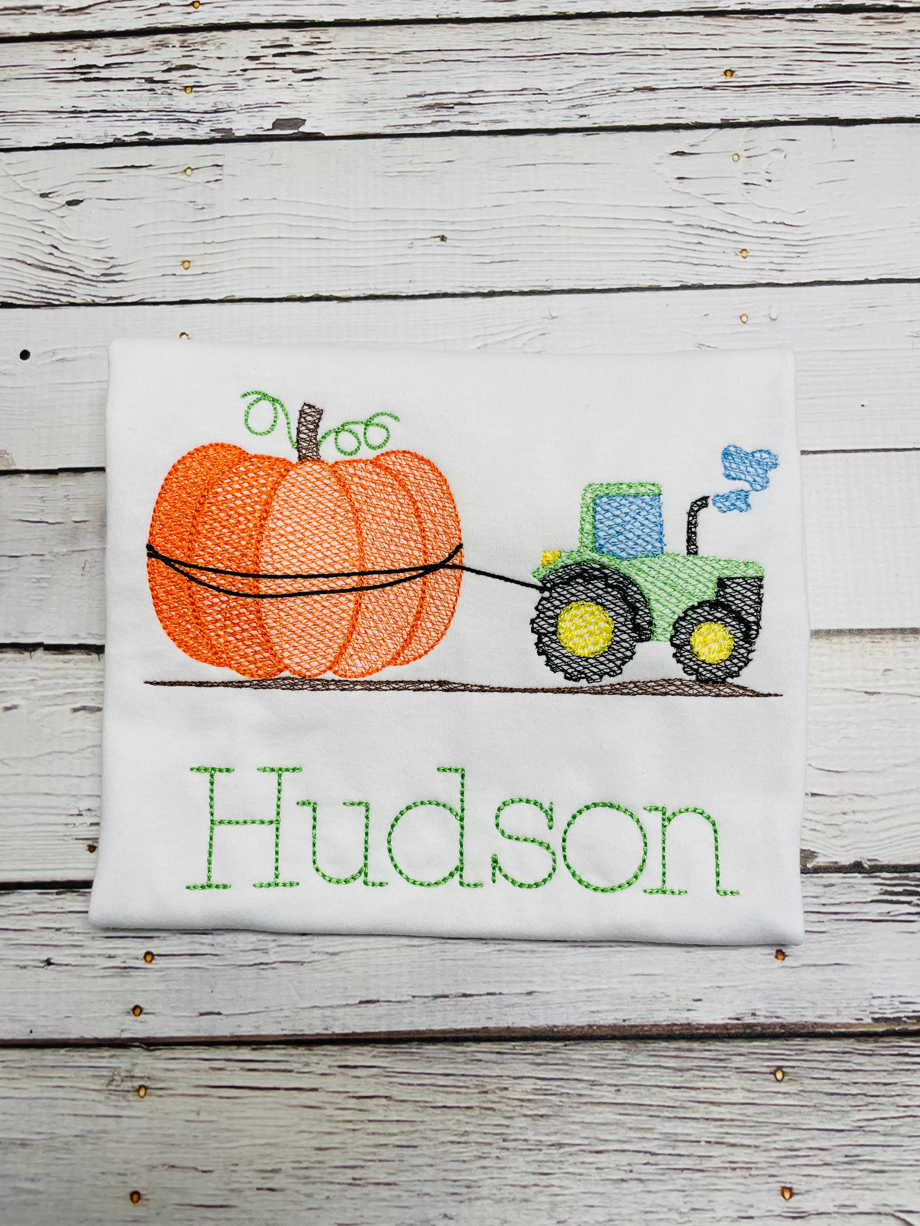 Pumpkin Tractor Embroidered Sketch Boy Shirt