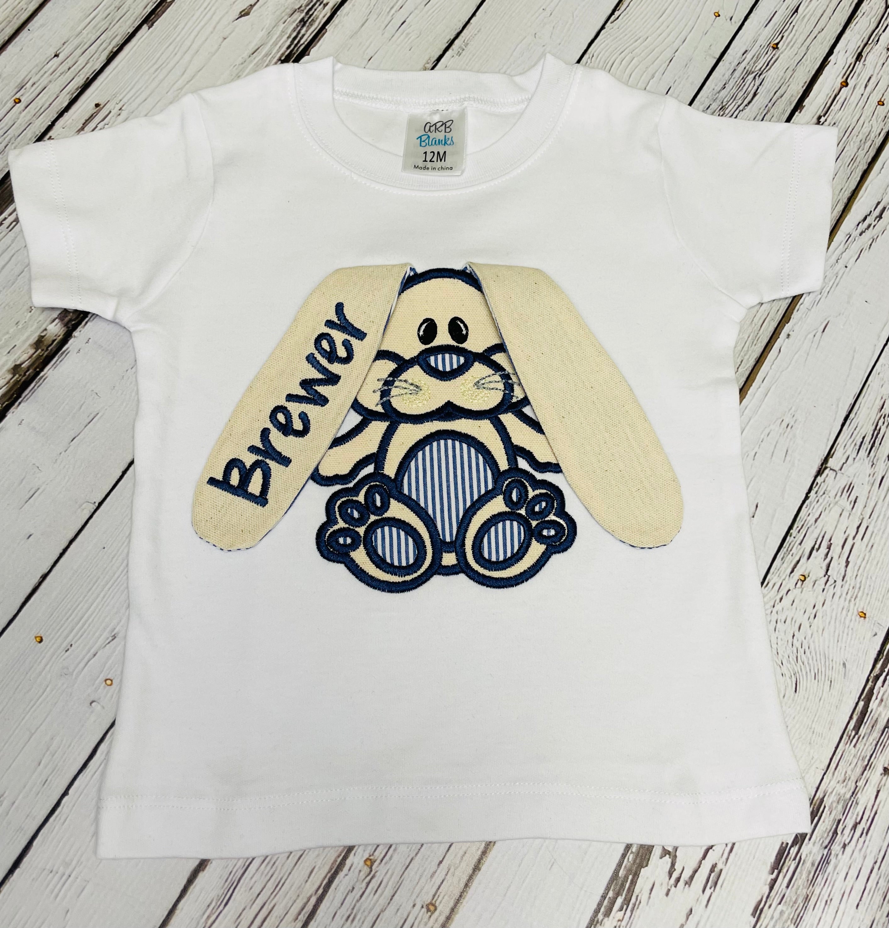 Floppy Eared Monogrammed Bunny Boy Shirt~Navy Seersucker