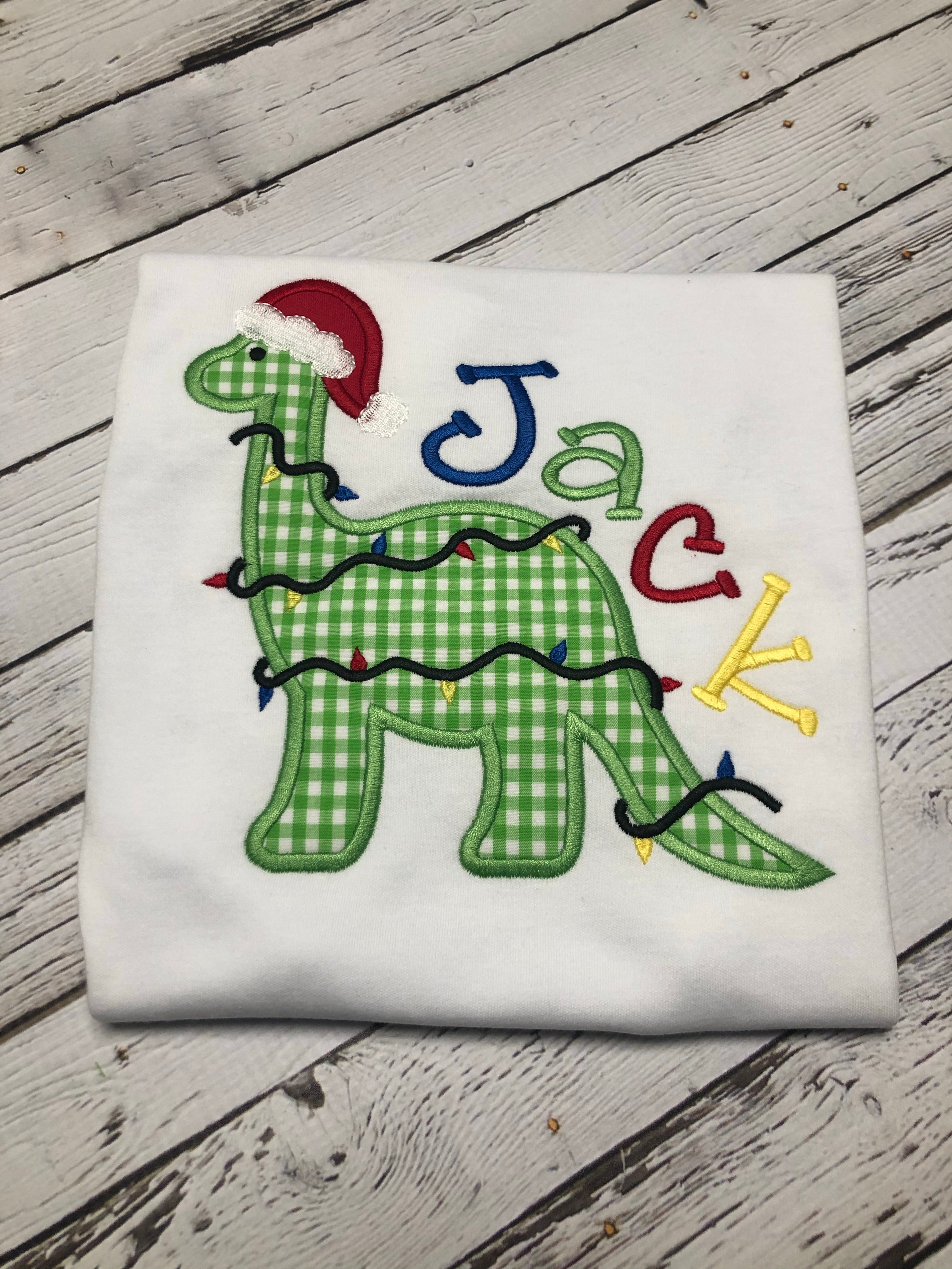 Little Boy Santa Dinosaur Appliqued Christmas shirt