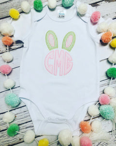 Seersucker Easter Bunny Ears Monogrammed Appliqued Baby Girl Bodysuit