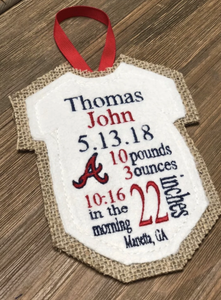 Custom Personalized Birth Announcement Keepsake Baby Ornament Atlanta Braves Themed