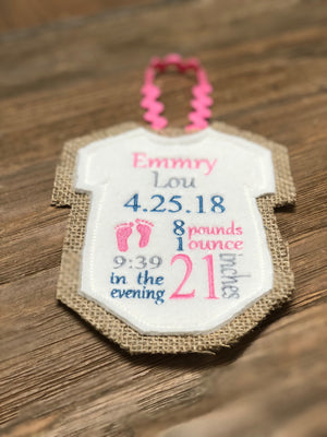 Custom Personalized Birth Announcement Keepsake Baby Girl Pink Grey Teal Ornament