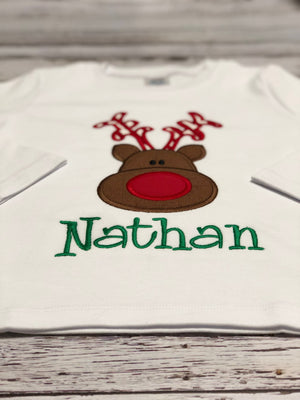 Little Boy Reindeer Appliqued Christmas shirt
