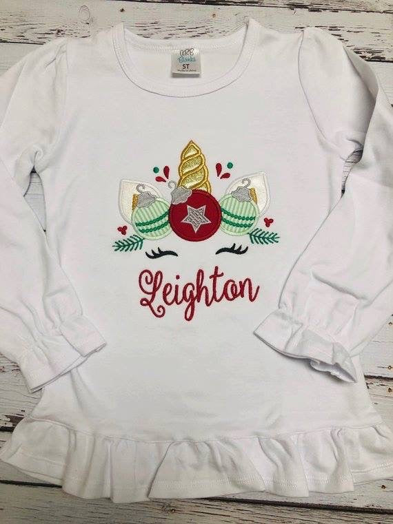 Christmas Themed Unicorn Appliqued Girl Shirt