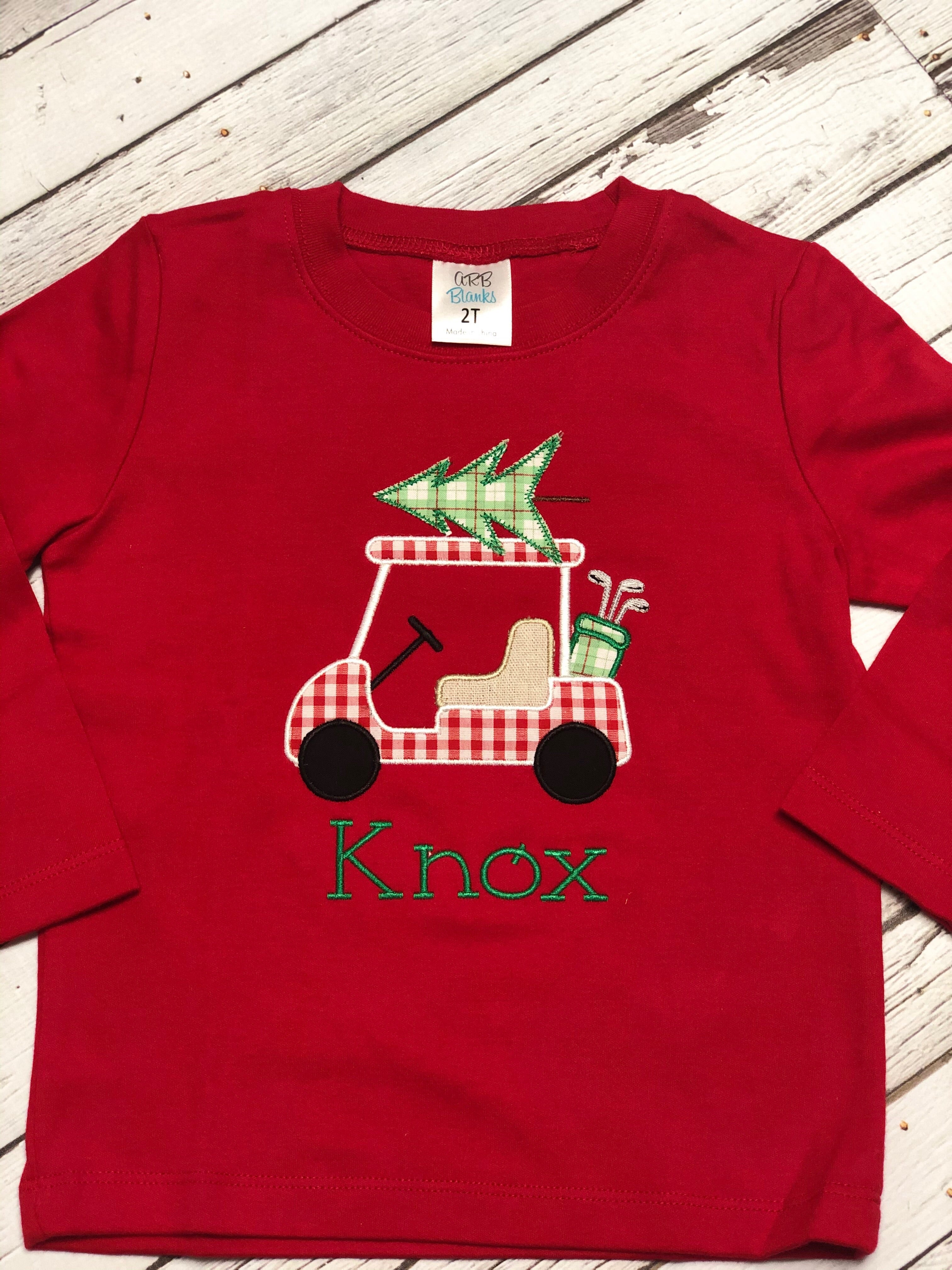 Red Christmas Golf Cart Tree Boy Shirt